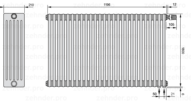 Схема (чертеж) Радиатор Zehnder Charleston 6180/26 №V002 Белый глянцевый RAL 9016